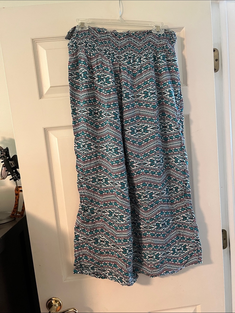Smocked Waist Flowy Pants in Teal & White Tribal Print